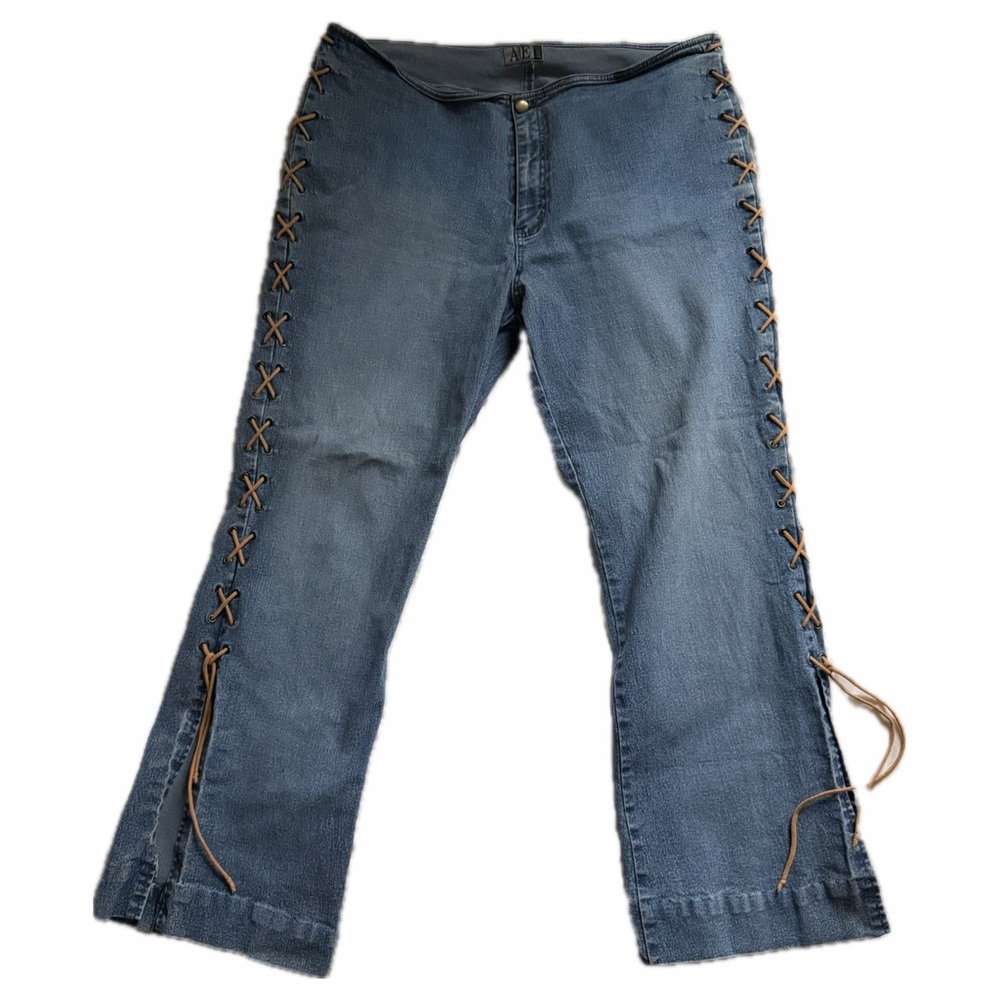 AE American Eagle Denim Y2K Lace-Up Flare Jeans Capri Side Tie Detail 2000s Boho